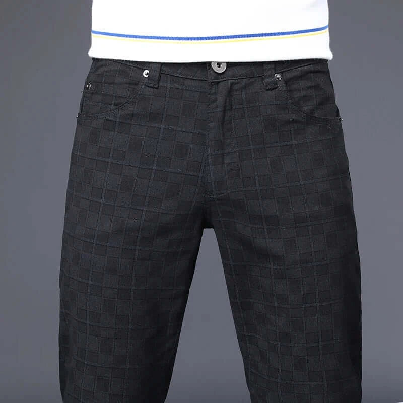 Men's Slim Fit Classic Pants - Stretch Cotton Checkered Trousers
