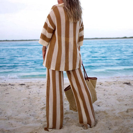 Women's Two-Piece Striped Knit V-Neck Hollow Out Button Top & Wide Leg Pants Set
