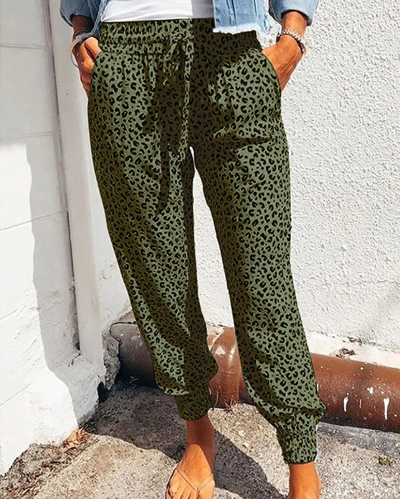 Women's Casual Lace-Up Pants in Loose Fit with Leopard Print - Various Colors