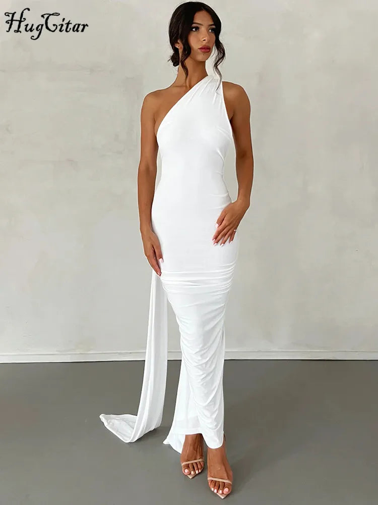 Hugcitar Adjustable Backless Ruched Dress with Single Shoulder and Scarf Loop for Women