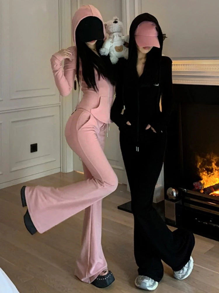 Women's Hooded Zipper Jacket and Drawstring Wide Leg Pants Two-Piece Tracksuit Set