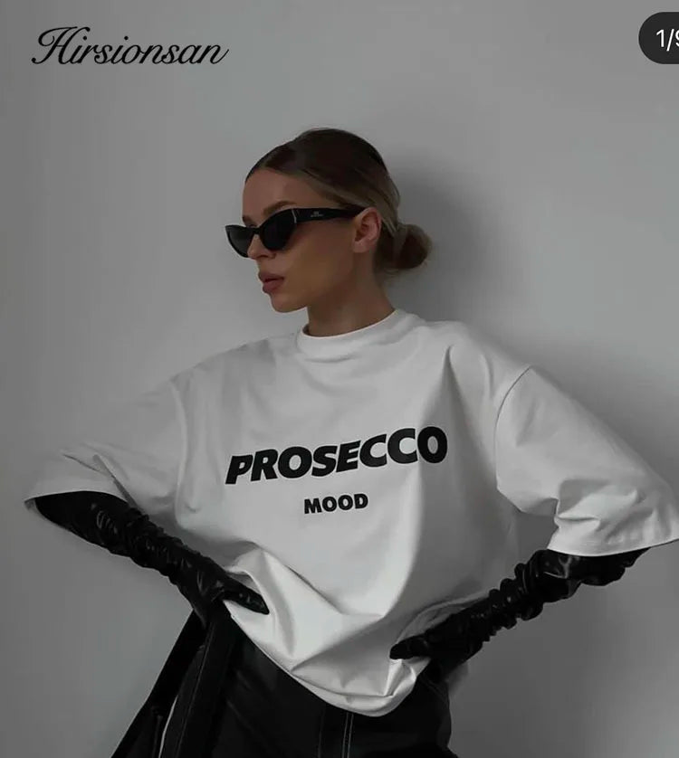 Cotton "Prosecco Mood" Print T-Shirt for Women - Casual Loose Fit Tee by Hirsionsan