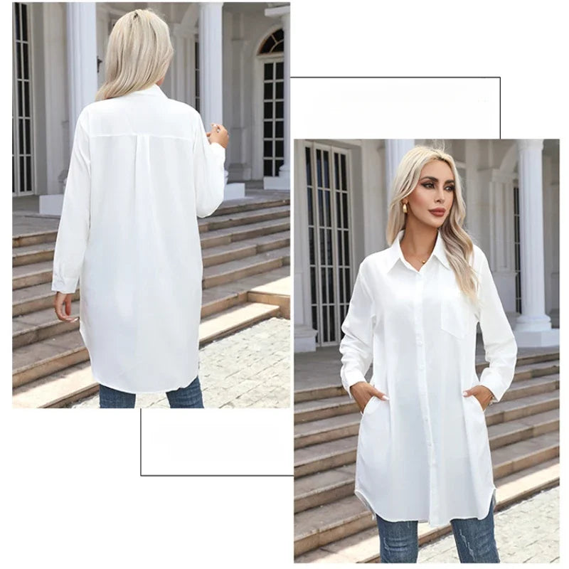 Women's Oversized Long Button-Up Shirt with Pockets - Stylish Blouses & Casual Wear