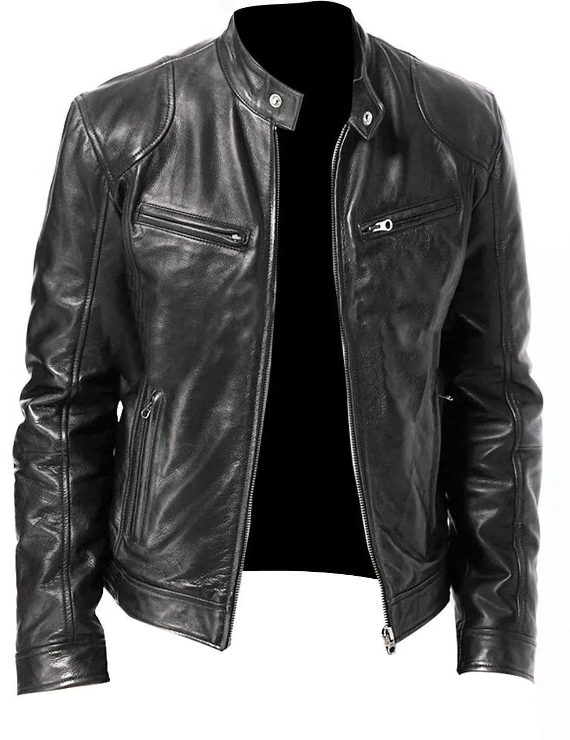 Men's Slim Fit Faux Leather Motorcycle Jacket - Short Lapel PU Coat with Zipper