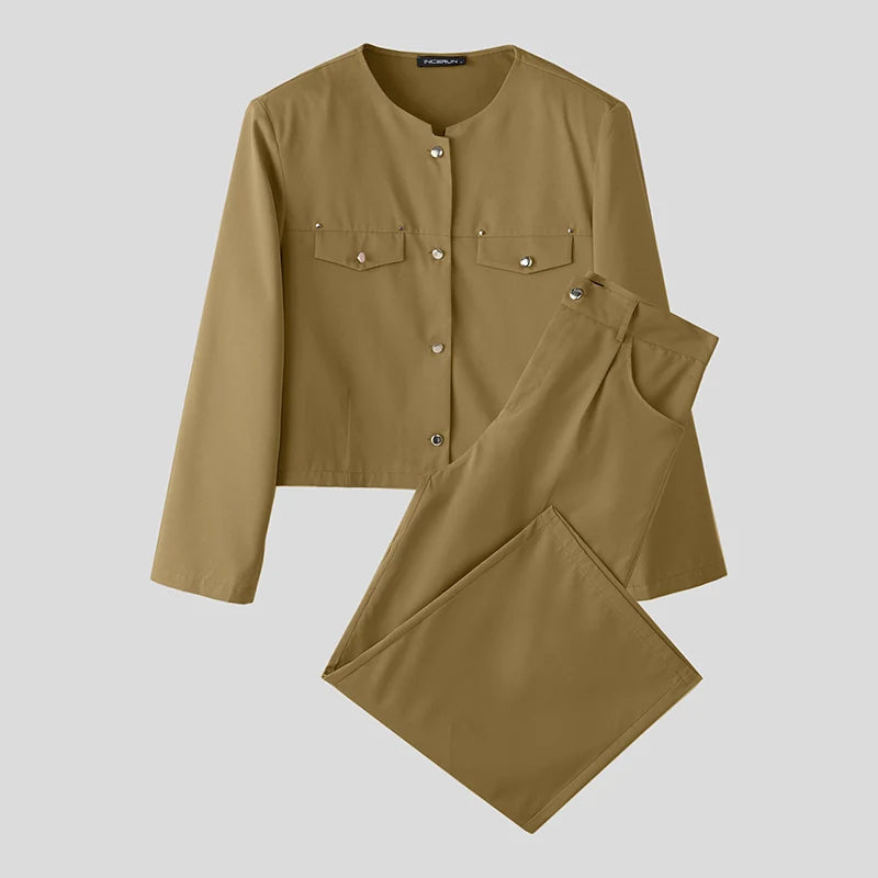 Incerun Men's 2-Piece Long Sleeve Jacket and Pants Set