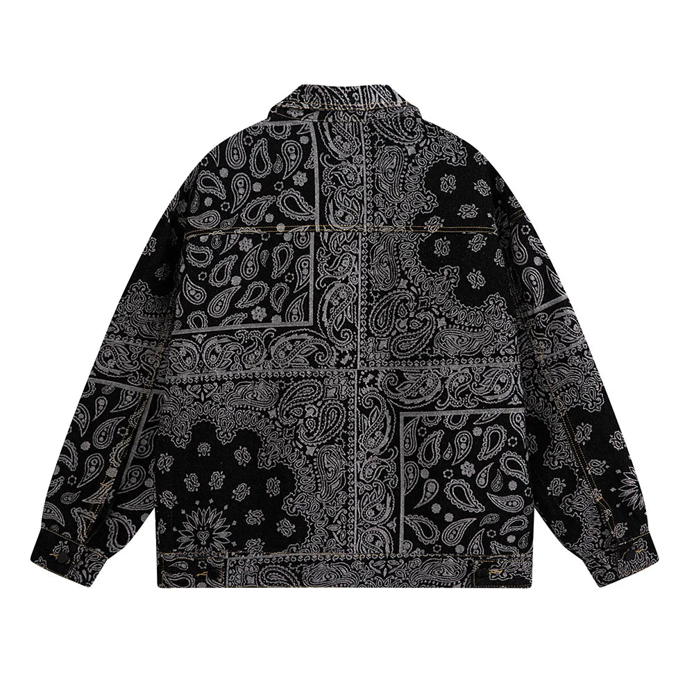 Men's Paisley Print Denim Jacket - Loose Fit Bandana Style Casual Outerwear