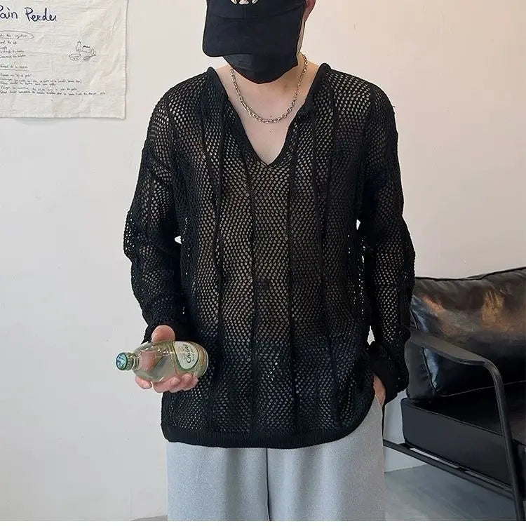 Men's Thin Hollow V-Neck Sweater - Loose Fit, Long-Sleeved