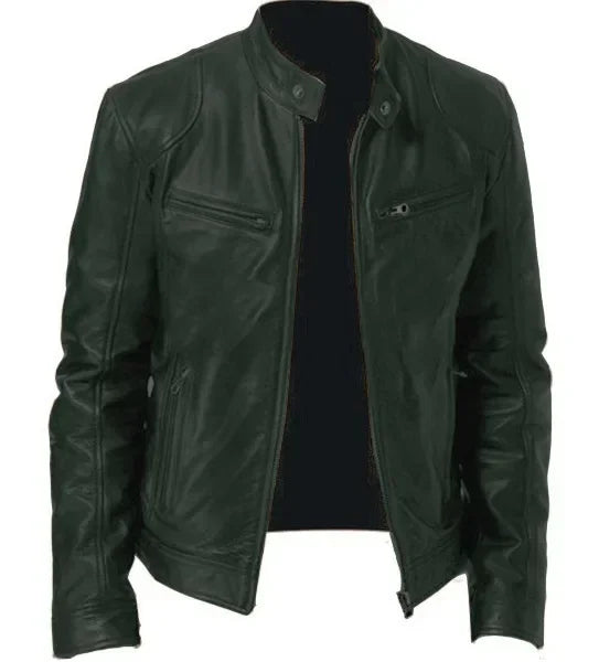 Men's Slim Fit Faux Leather Motorcycle Jacket - Short Lapel PU Coat with Zipper