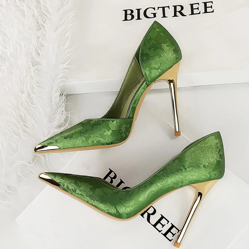 BIGTREE Women's 11cm Heels - Satin & Silk Metal Pointed Toe High Heels