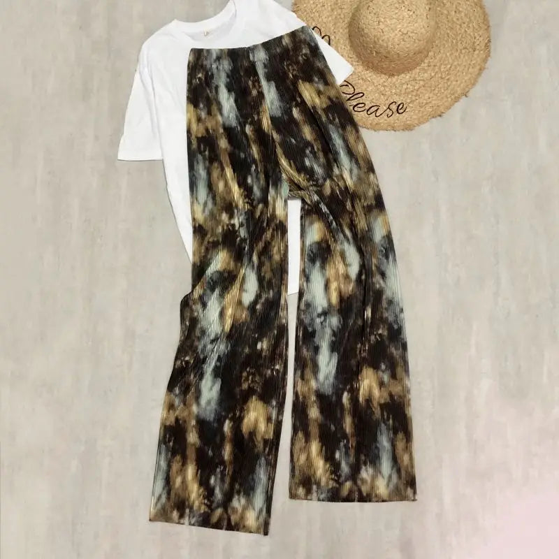 REALEFT Vintage High-Waist Printed Long Pants - Loose Wide Leg Fit- Loose Wide Leg Fit