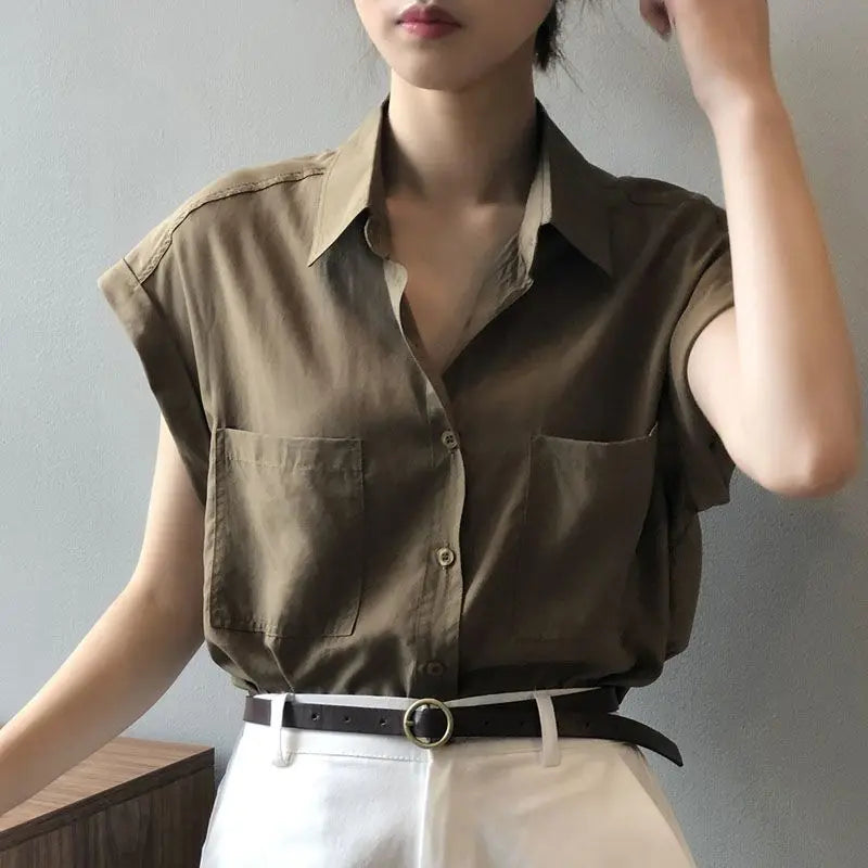 Women's Loose-Fitting Short Sleeve Shirt Blouse with Thin Style Lapel and Pocket