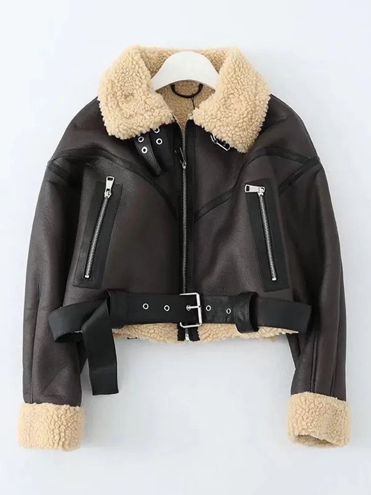 Women's Faux Leather Fur Short Jacket with Belt