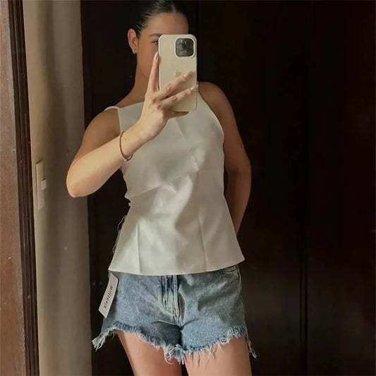 Backless Sleeveless Black and White Crop Top for Women with Thin Straps