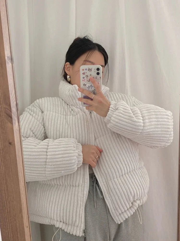 Women's Thick Corduroy Puffy Short Parka with Zipper Closure
