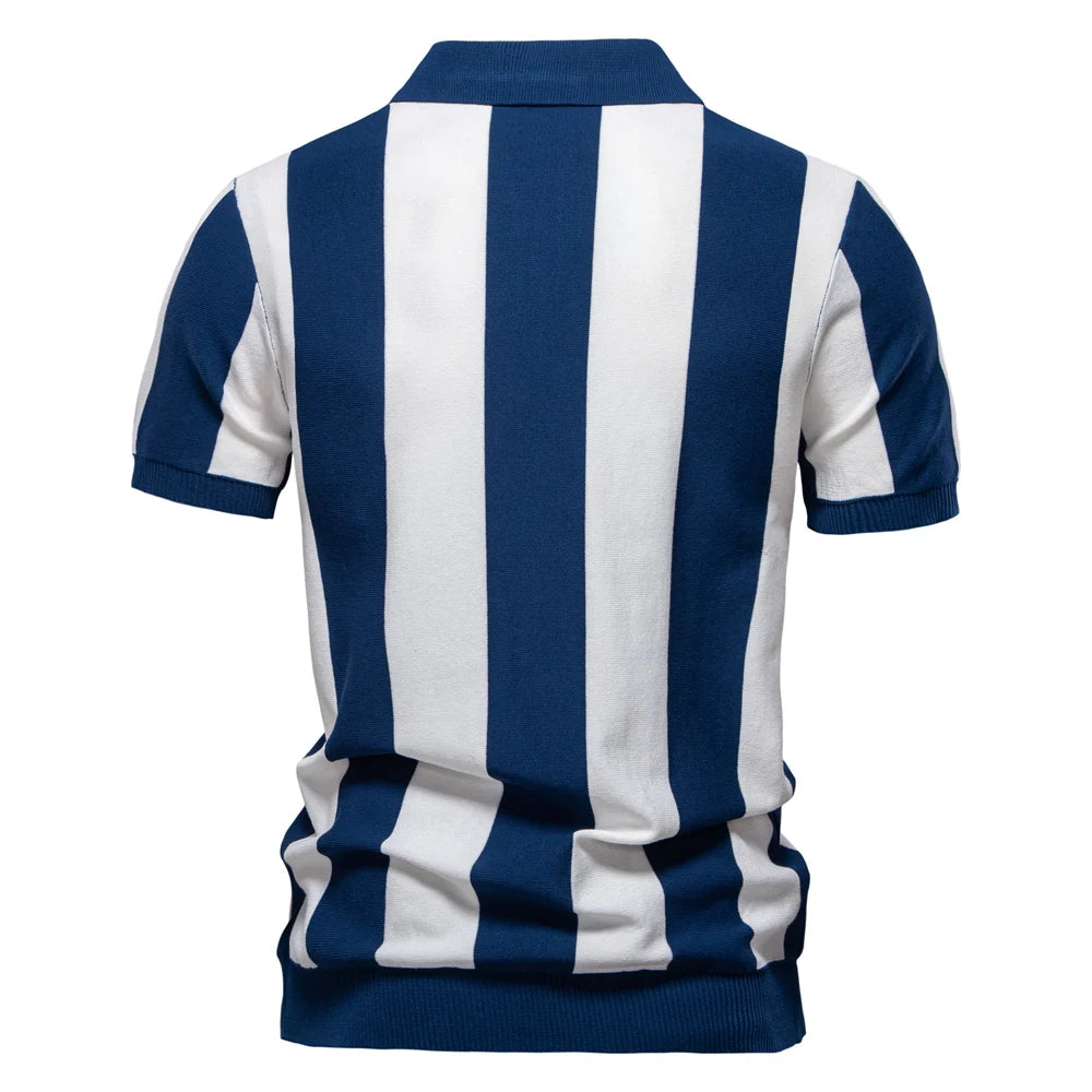 Men's Breathable Striped Polo Shirt - Casual Knit T-Shirt with Zipper Closure