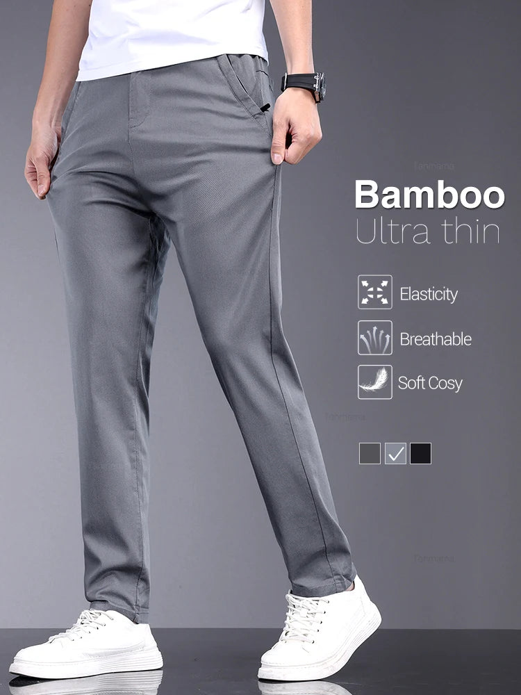 Men's Slim Straight Trousers - Soft, Thin, Bamboo Fiber Fabric with Elastic Stretch