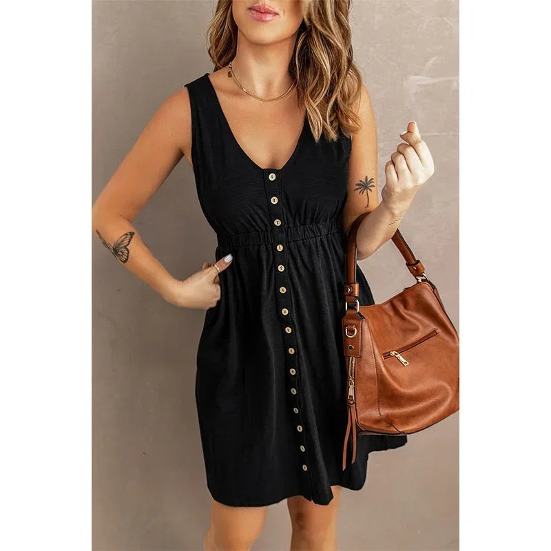Women’s Sleeveless Button-Down Dress with Elastic Waist – Swing Style, Loose Fit
