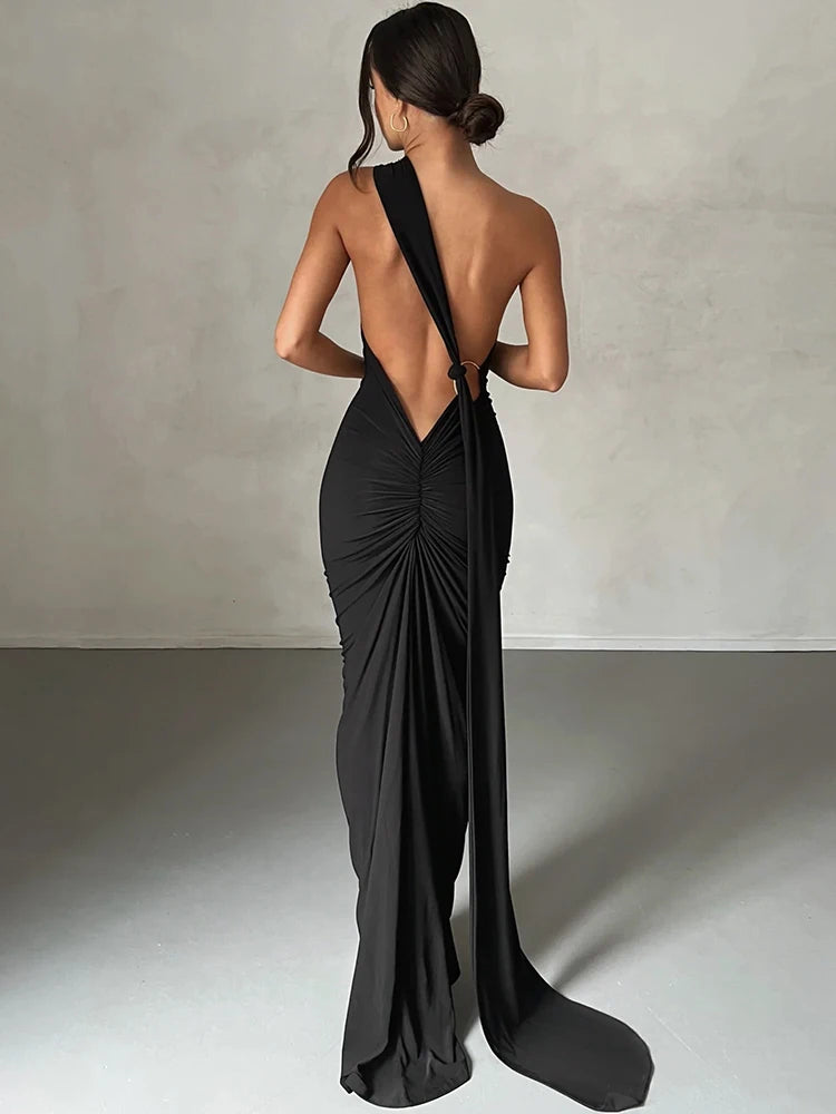 Hugcitar Adjustable Backless Ruched Dress with Single Shoulder and Scarf Loop for Women