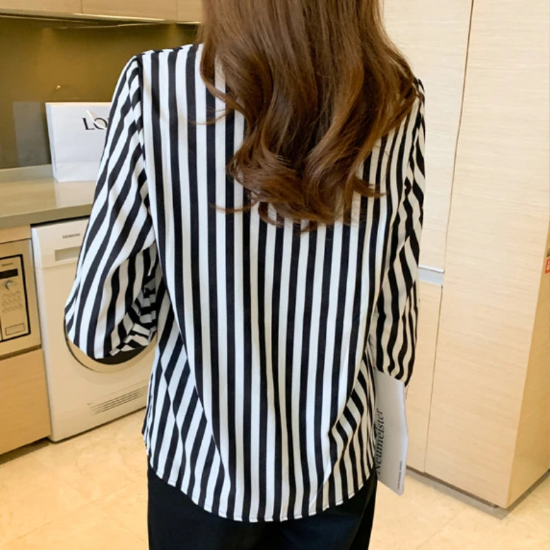 Women's Long Sleeve Black and White Striped Shirt