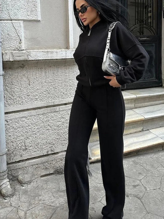 Women's Two-Piece Zipper Jacket and High-Waist Lace-Up Elastic Trousers Set