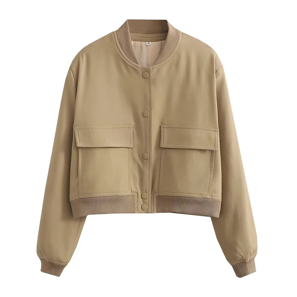 TRAF Long Sleeve Women's Front Button Jacket with Vintage Style and Pockets