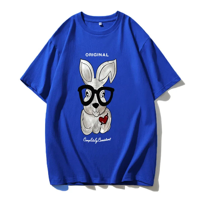 Elegant Rabbit Cartoon Printed Oversized Cotton T-Shirt for Women – Casual Style by Hirsionsan