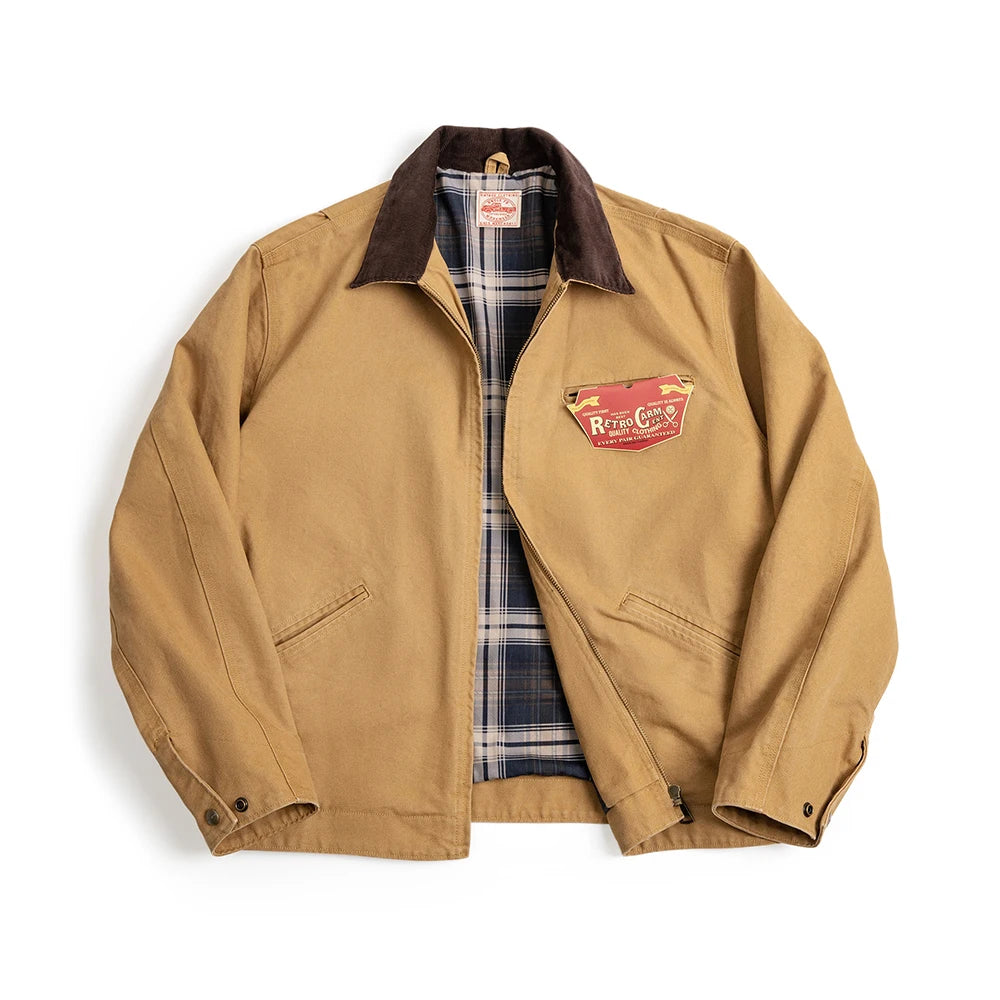 Men's Retro Canvas Jacket with Lapel Collar and Zipper