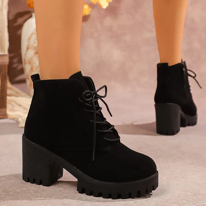 Women's Chunky Heel Ankle Boots with Platform Sole – Side Zip & Lace-Up Design