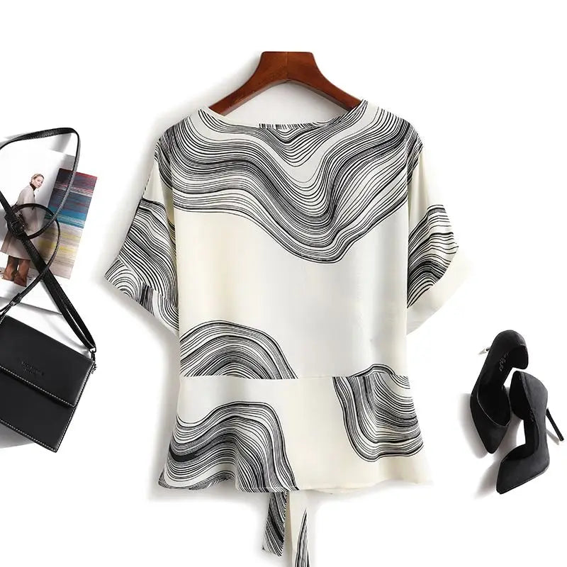 Vintage Chiffon Blouse for Women - Striped, Short Sleeve, Lace-Up