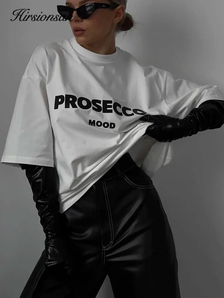 Cotton "Prosecco Mood" Print T-Shirt for Women - Casual Loose Fit Tee by Hirsionsan