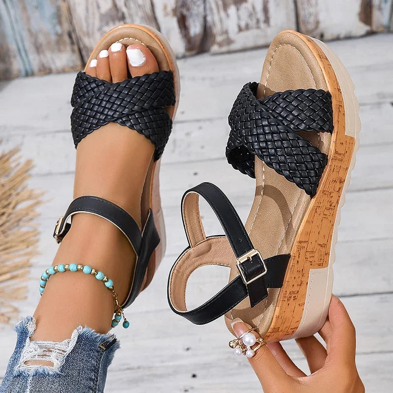 Stylish Woven Ankle Strap Wedge Sandals for Women – Braided Platform Heels with Thick Sole