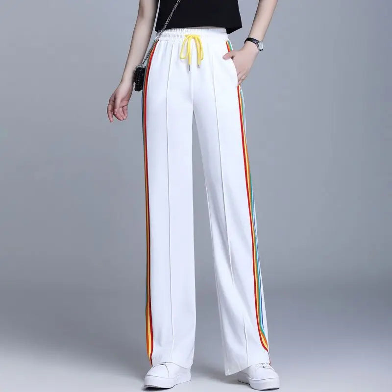 Women’s High Waist Striped Rainbow Sweatpants - Elastic Lace-Up Loose Straight Leg