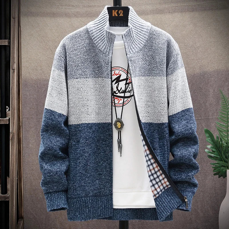 Men's Casual Striped Fleece Zip-Up Cardigan