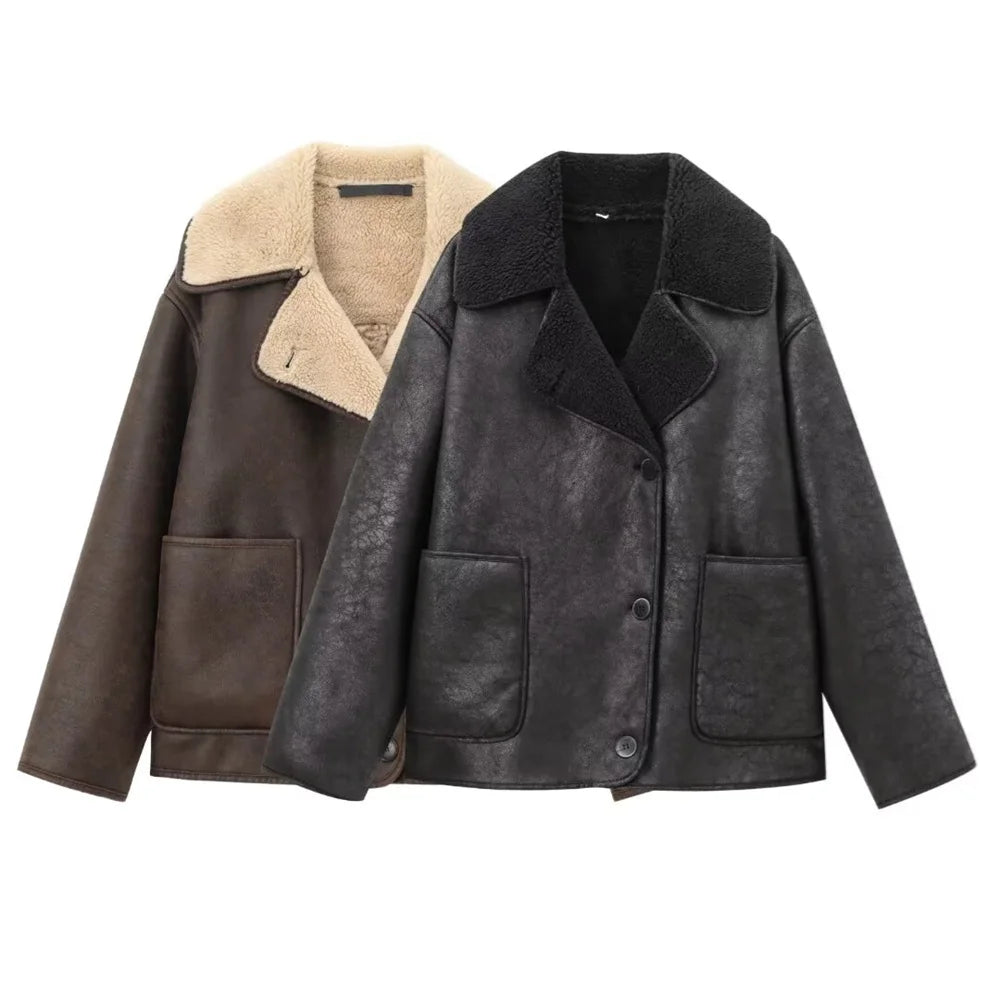 Women's Cozy Faux Leather Jacket with Fleece Collar