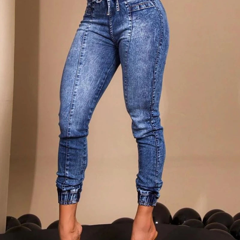 Women's Slim Fit Elastic Waist Pencil Jeans with Zipper - Comfortable Stylish Denim Pants