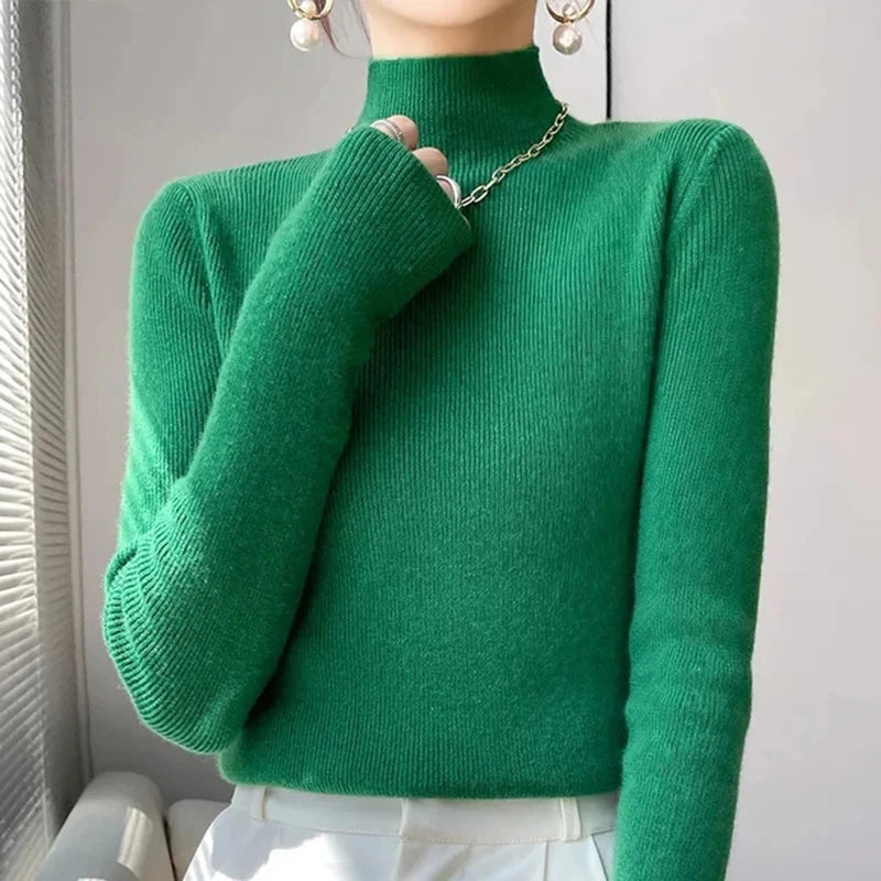 Ribbed Neck Sweater for Women - Fitted Knitted Pullovers