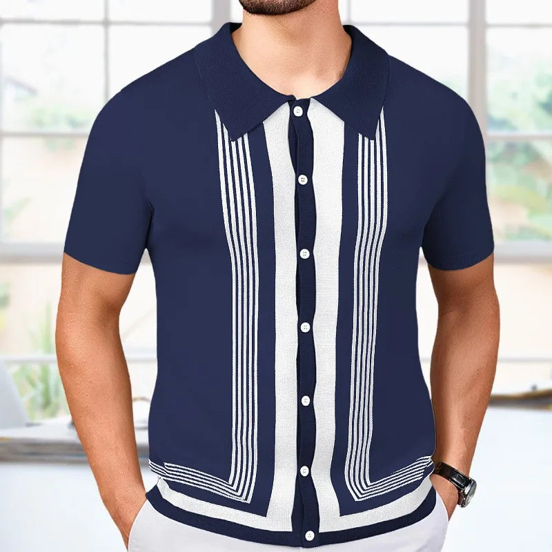 Men's Breathable Striped Knit Patchwork Polo Shirt - Short Sleeve Button-Up