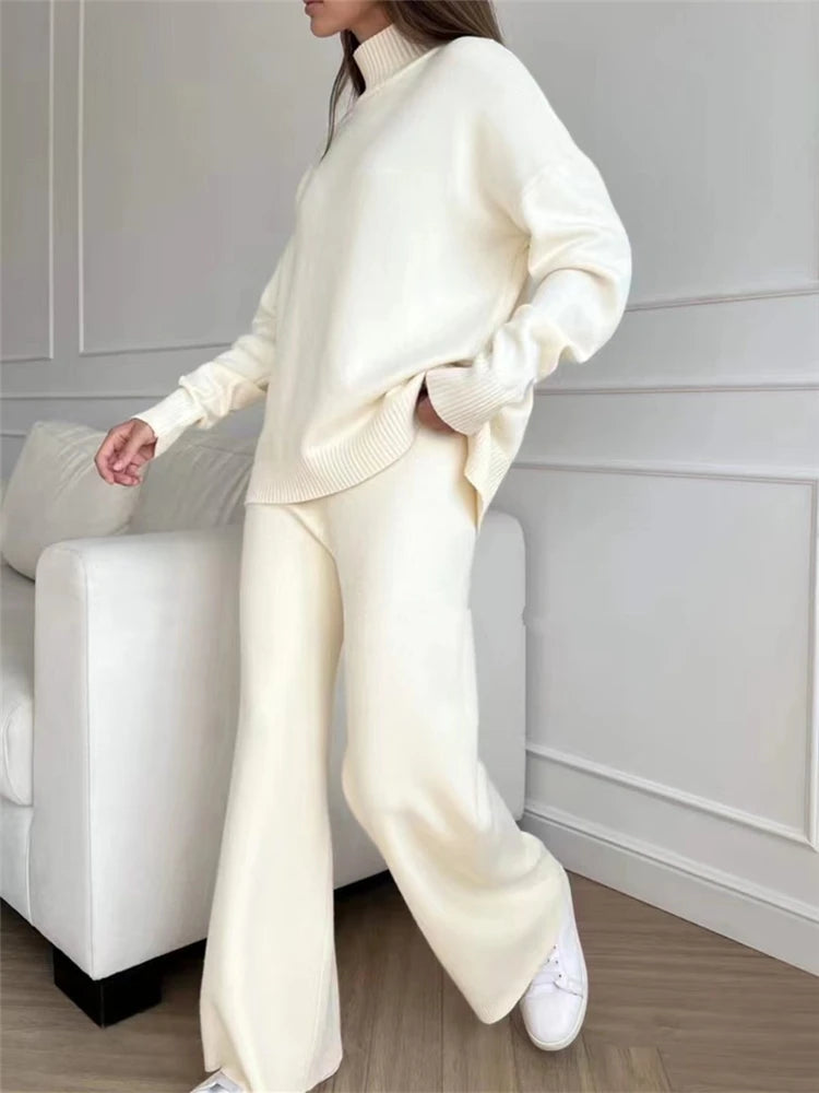 Women's Knitted Turtleneck Sweater and Straight Pants Set