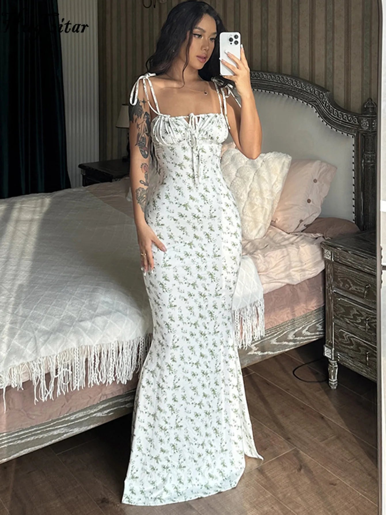 Hugcitar Elegant Floral Print Spaghetti Strap Sheath Dress for Women