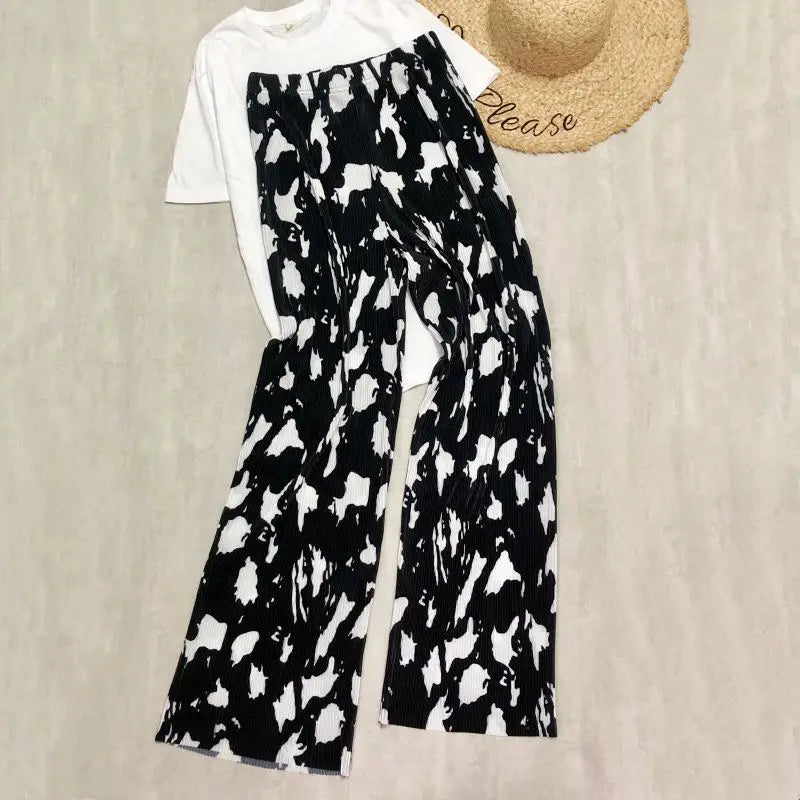 REALEFT Vintage High-Waist Printed Long Pants - Loose Wide Leg Fit- Loose Wide Leg Fit