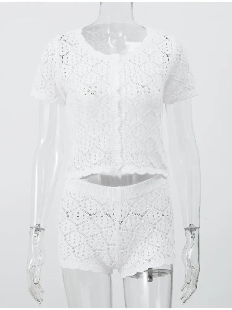 Women’s Crochet Hollow Out Crop Top and Shorts Set - Stylish 2 Piece Outfit