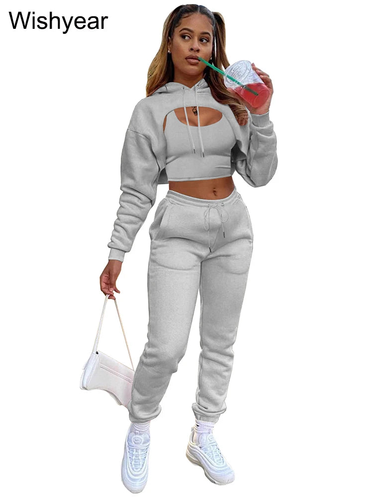 Wisyear Women's 3-Piece Velvet Tracksuit Set - Crop Hoodie, Vest, and Sweatpants Matching Outfit