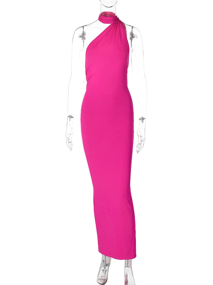 Hugcitar Adjustable Backless Ruched Dress with Single Shoulder and Scarf Loop for Women