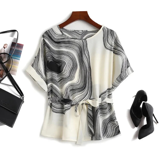 Vintage Chiffon Blouse for Women - Striped, Short Sleeve, Lace-Up