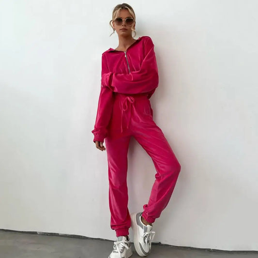 Women's Zipper Hoodie and Drawstring Tracksuit Set - Stylish 2-Piece Activewear Outfit