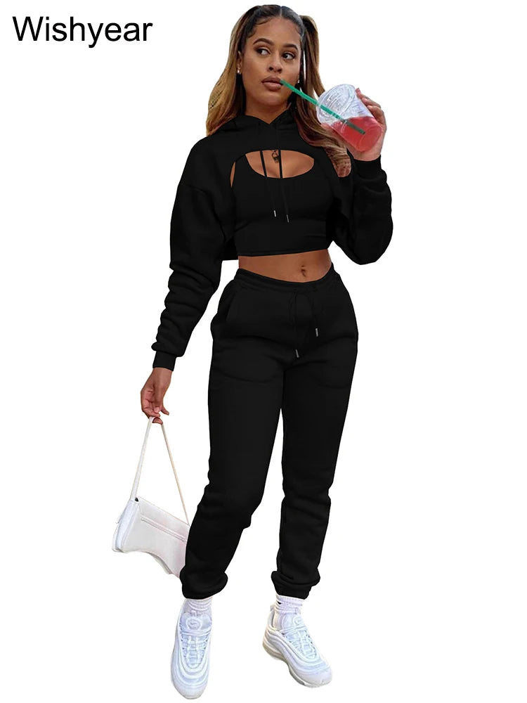 Wisyear Women's 3-Piece Velvet Tracksuit Set - Crop Hoodie, Vest, and Sweatpants Matching Outfit