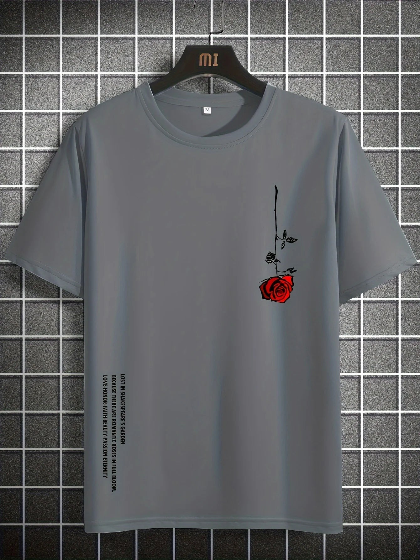 Men's Slim Fit Casual T-Shirt – 100% Cotton Rose Print Short Sleeve Round Neck Tee