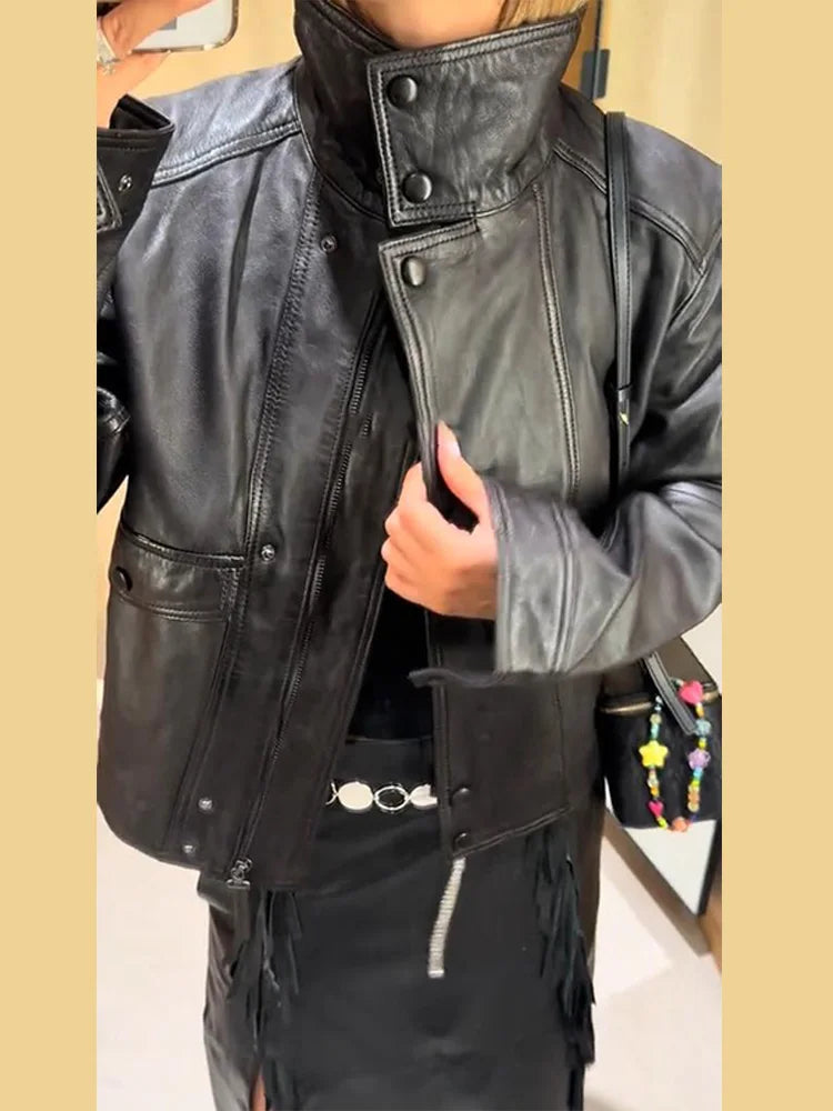 Women's Stand Collar Faux Leather Jacket with Double Button Closure