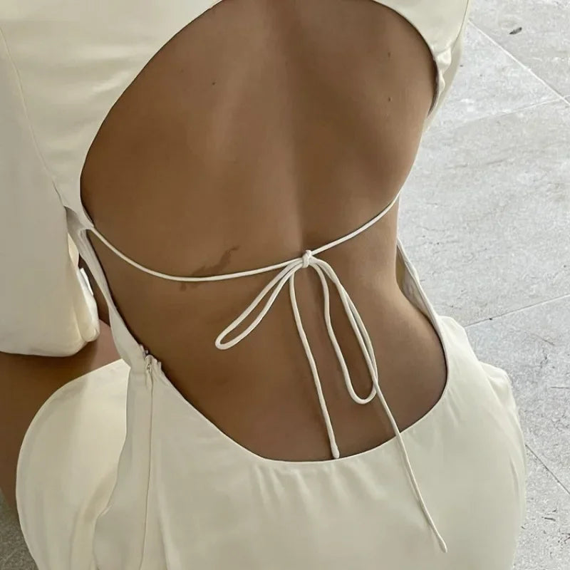 Women's Backless Satin Dress - Lace-Up Long Sleeve