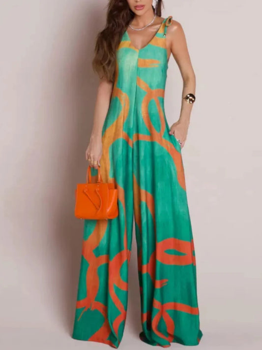 Women's Floral Print V-Neck Dress with Lace-Up Detail & Wide Leg Fit